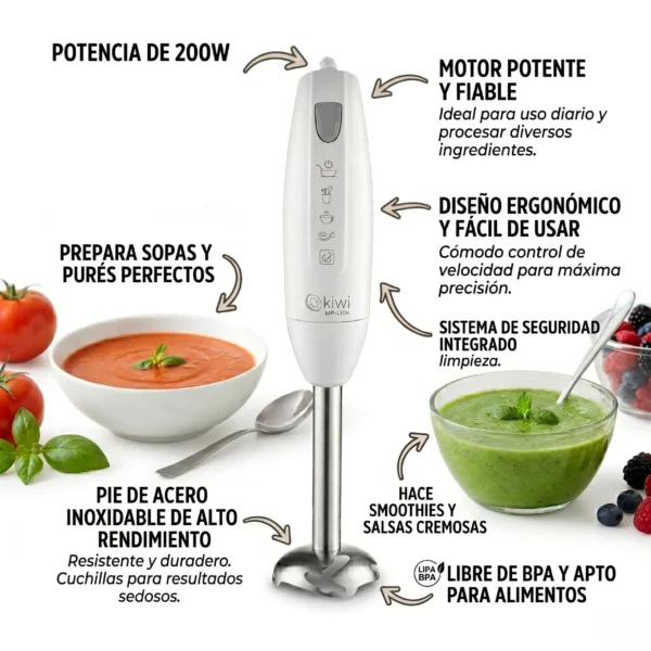 Infografía de batidora Kiwi que destaca motor de 200W, pie de acero de alto rendimiento y sistema de seguridad libre de BPA.
