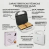 Infografía de sándwichera con indicadores LED, almacenamiento vertical, asa de toque frío y potencia de 750W para uso doméstico.