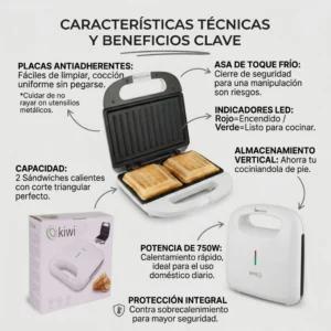 Infografía de sándwichera con indicadores LED, almacenamiento vertical, asa de toque frío y potencia de 750W para uso doméstico.