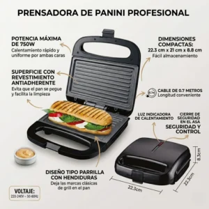 Infografía de la sandwichera grill profesional mostrando potencia de 750W, dimensiones de 22.3 cm y superficie antiadherente.