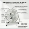 Infografía del mini ventilador DV TECH de 15 cm destacando su motor silencioso, 2 velocidades y construcción metálica robusta.