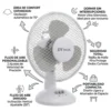 Infografía de ventilador de escritorio con oscilación de 70 grados, motor ultra silencioso y flujo de aire ajustable para oficina.