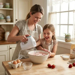 Mujer y niña sonriendo mientras usan una batidora de varillas para preparar una mezcla de fresas en un bol de cerámica.