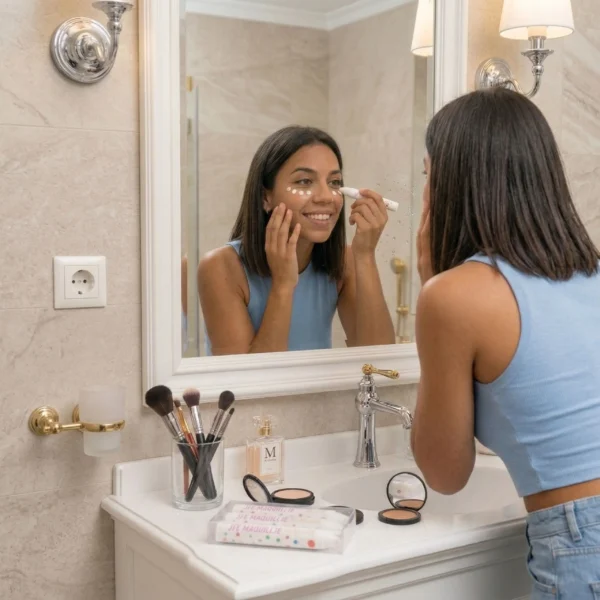 Tutorial paso a paso de cómo aplicar maquillaje artístico blanco en el rostro usando barras cremosas de larga duración frente al espejo.