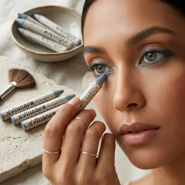 Primer plano de una mujer aplicando un crayón de maquillaje gris en el párpado inferior para un acabado de precisión profesional.