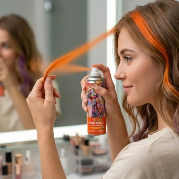 Mujer aplicando spray de color naranja en un mechón de pelo frente al espejo para un resultado vibrante.