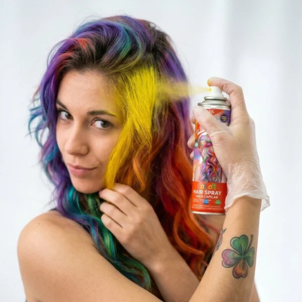 Una persona aplicando spray de color amarillo intenso en un mechón de cabello teñido de colores, mostrando la cobertura inmediata del producto.