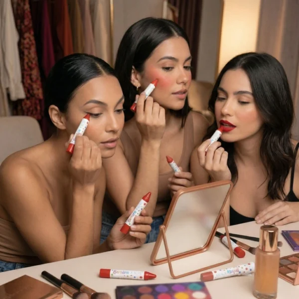 Tres mujeres aplicando el stick de maquillaje como sombra de ojos, rubor en las mejillas y labial de larga duración frente a un espejo.