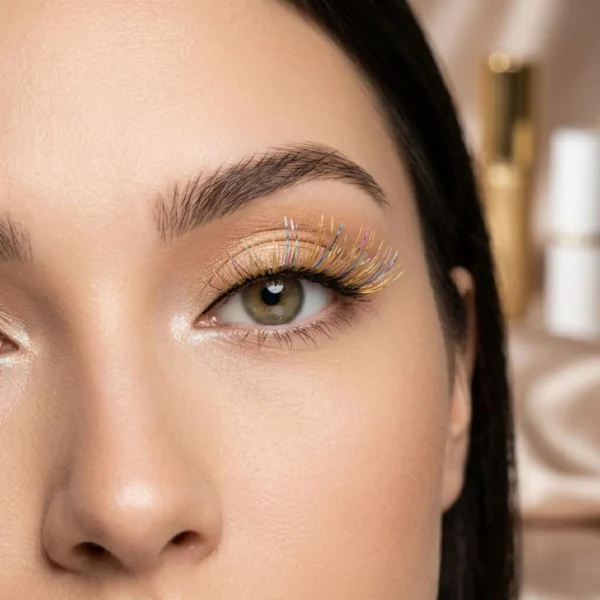 Primer plano de ojo con pestañas de oropel multicolor que muestran el efecto de brillo intenso sin necesidad de usar purpurina suelta.