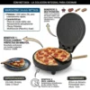 Infografía de la máquina de pizza multifunción EDM con detalles de potencia 1200W, medidas de 29cm y función de plancha de asado.