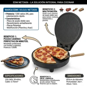 Infografía de la máquina de pizza multifunción EDM con detalles de potencia 1200W, medidas de 29cm y función de plancha de asado.