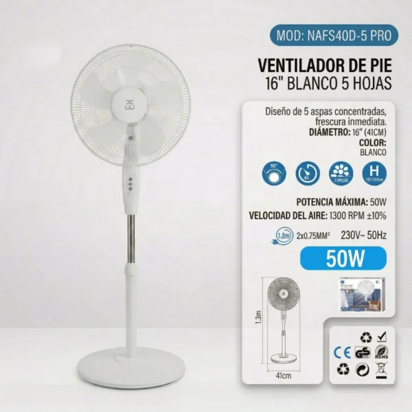 Infografía técnica del ventilador NAFS40D-5 PRO con detalles de 50W de potencia, 1300 RPM, altura de 1.3m y diámetro de 41cm.