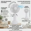 Infografía del ventilador portátil modelo NHGCF008 mostrando batería de 1200mAh, carga USB-C y diseño 2 en 1 manual y de mesa.