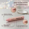 Infografía de barra de maquillaje mostrando su fórmula cremosa de fácil mezcla y uso multifuncional para un efecto fiesta instantáneo.