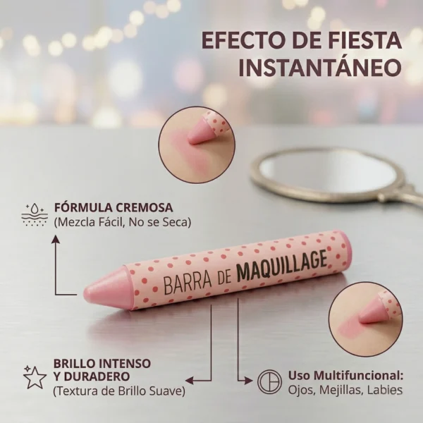 Infografía de barra de maquillaje mostrando su fórmula cremosa de fácil mezcla y uso multifuncional para un efecto fiesta instantáneo.