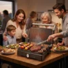 Personas utilizando el grill eléctrico profesional en una cocina para asar carne y verduras, ideal para una alimentación sana.