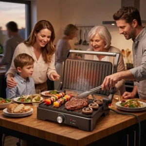 Personas utilizando el grill eléctrico profesional en una cocina para asar carne y verduras, ideal para una alimentación sana.