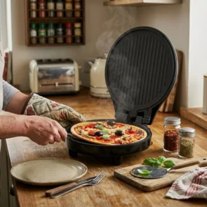 Persona usando la máquina de pizza EDM en una cocina para hornear una pizza con ingredientes frescos y acabado profesional.