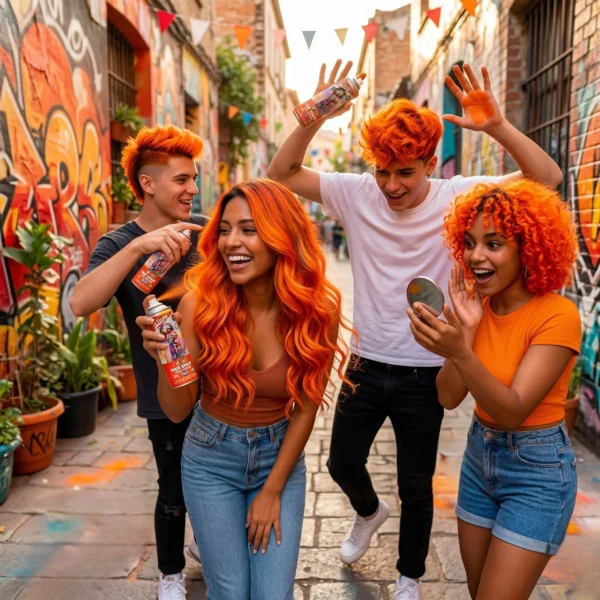Grupo de jóvenes con peinados naranja vibrantes usando laca de color temporal en un evento al aire libre.