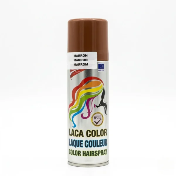Bote de laca de color marrón profesional marca Laca Color con diseño de arcoíris y sello de calidad testado.