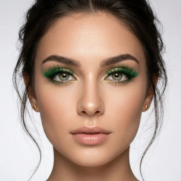 Primer plano de modelo con maquillaje de ojos resaltado por pestañas postizas verdes de varias capas y volumen extremo.