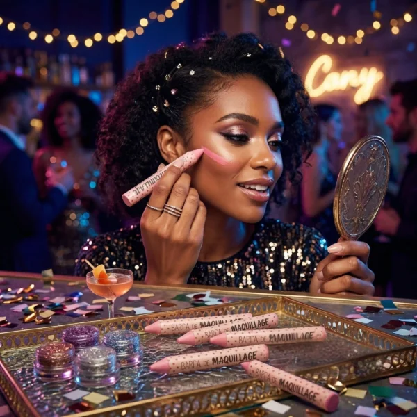 Mujer aplicando barra de maquillaje rosa en los pómulos para un look de fiesta brillante y de larga duración en un ambiente nocturno.