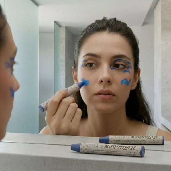 Mujer aplicando diseño artístico con barra de maquillaje azul frente al espejo para tutorial de caracterización.