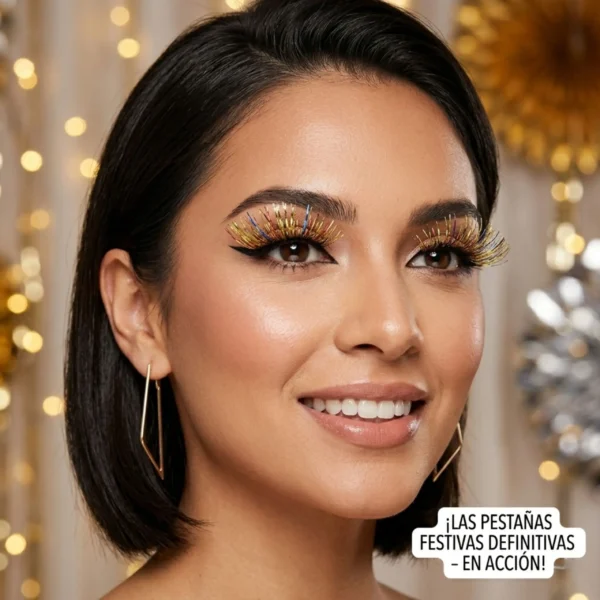 Modelo luciendo un maquillaje profesional para festivales y eventos con pestañas postizas brillantes de colores y delineado negro.