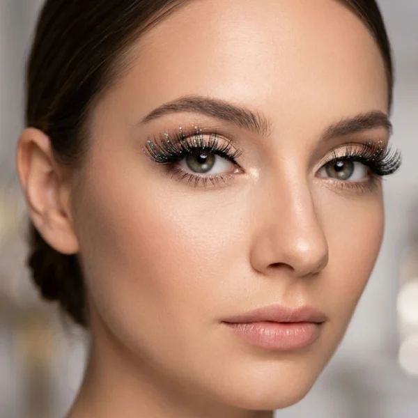 Primer plano de maquillaje de ojos profesional utilizando pestañas postizas con brillos multicolor y efecto de mirada dramática para eventos.