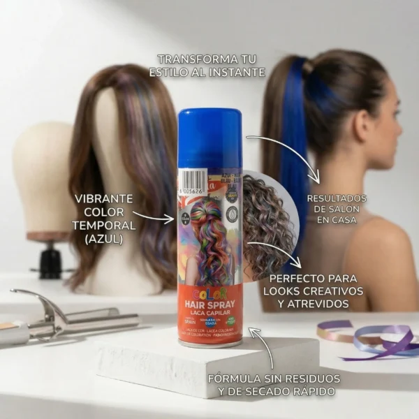 Infografía de spray azul para el cabello mostrando resultados de salón en casa, fórmula sin residuos y mechas azules en pelo castaño.