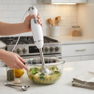 Batidora de mano ergonómica triturando brócoli y patatas para hacer una crema de verduras suave.