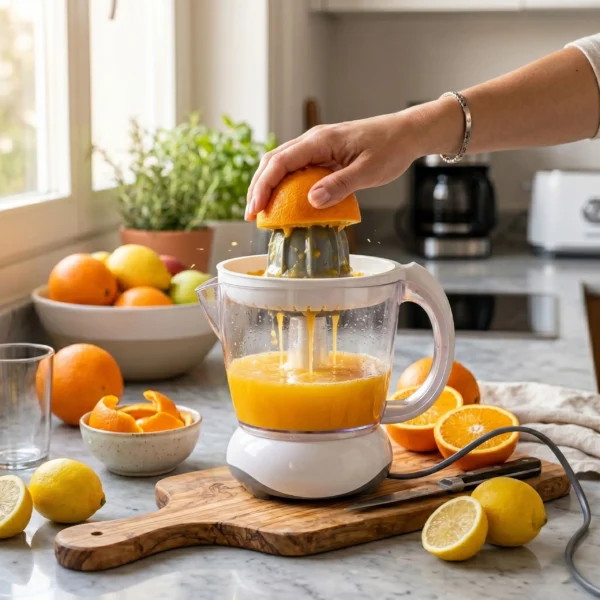 Mano utilizando un exprimidor eléctrico para hacer zumo de naranja natural sobre una encimera de cocina con limones y frutas alrededor.