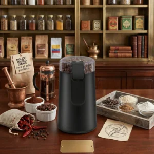 Molinillo de café integrado en una decoración de cocina con una prensa francesa y bolsas de café de origen, ideal para molienda fresca diaria.