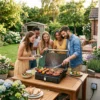 Grupo de amigos disfrutando de una barbacoa con la parrilla eléctrica profesional de 1500W abierta a 180 grados cocinando salchichas y brochetas.