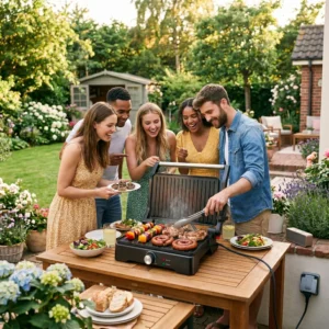 Grupo de amigos disfrutando de una barbacoa con la parrilla eléctrica profesional de 1500W abierta a 180 grados cocinando salchichas y brochetas.