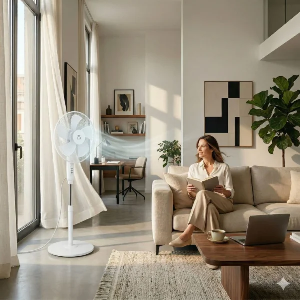 Mujer relajada leyendo en un sofá con la brisa de un ventilador de pie de 5 aspas en un salón luminoso y moderno.