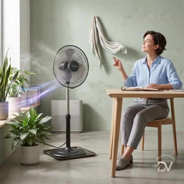 Mujer trabajando en un escritorio con un ventilador DVTech que emite una brisa fresca y constante, ideal para concentrarse sin ruido.