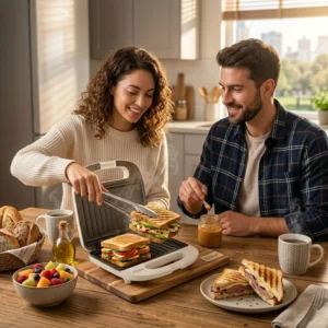 Pareja preparando sándwiches gourmet crujientes con una sandwichera eléctrica de placas tipo grill en una cocina moderna.