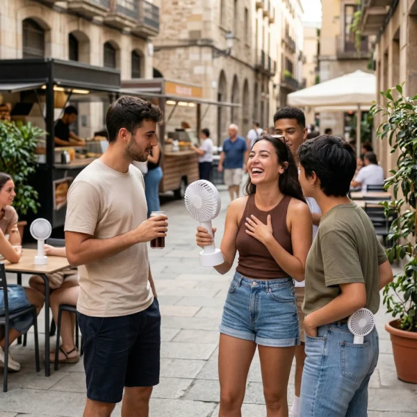 Mujer trabajando frente a un portátil con el mini ventilador de mesa silencioso en su base, ideal para oficina y estudiar sin ruido.