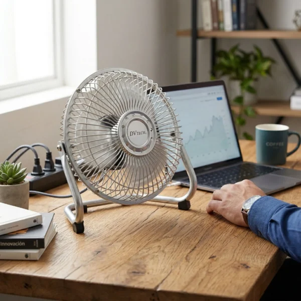Primer plano de un ventilador de mesa DV TECH de metal junto a una laptop y café, mostrando su tamaño compacto y diseño industrial.