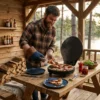 Máquina de pizza EDM utilizada como parrilla eléctrica para asados y paninis en un ambiente de terraza de madera.