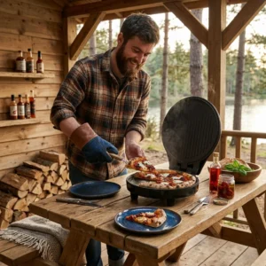 Máquina de pizza EDM utilizada como parrilla eléctrica para asados y paninis en un ambiente de terraza de madera.