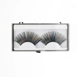 Pestañas postizas efecto arcoíris con glitter holográfico en estuche transparente, ideales para comprar un look de festival profesional.