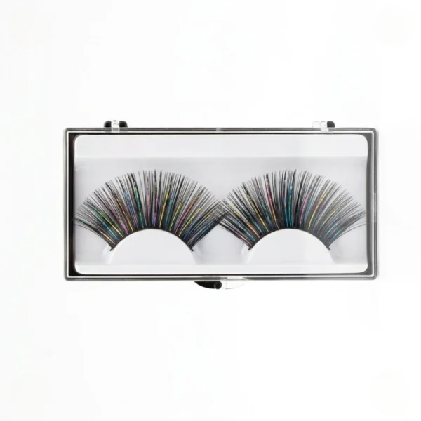 Pestañas postizas efecto arcoíris con glitter holográfico en estuche transparente, ideales para comprar un look de festival profesional.