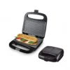 Prensadora de panini profesional de color negro con placas de grill abiertas y cerradas sobre fondo blanco.