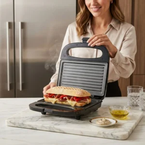 Mujer preparando un sándwich de jamón y pimientos en una prensa de panini eléctrica en una cocina moderna.