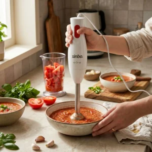 Persona usando batidora de mano Sinbo para triturar una salsa de tomate casera en un bol, ideal para recetas de cocina saludable.