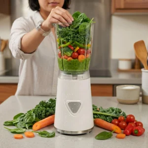 Persona preparando un batido verde detox con espinacas, brócoli y zanahoria en una licuadora individual de vaso.