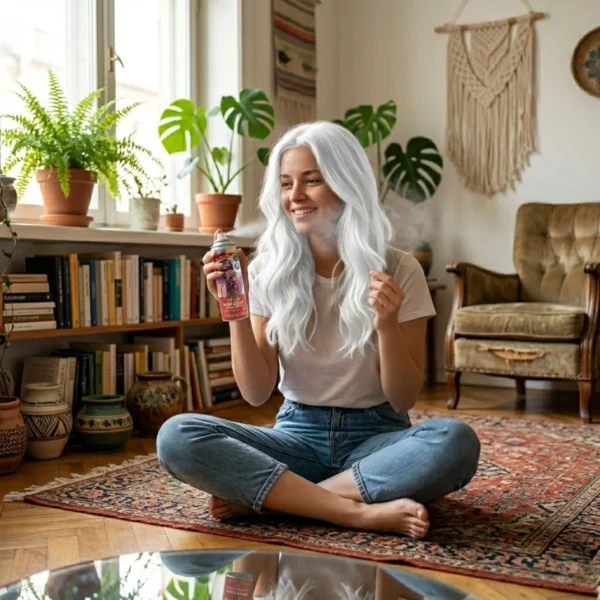 Chica con el pelo totalmente blanco usando la laca de color temporal La Fiesta en un ambiente festivo, ideal para ideas de disfraces.