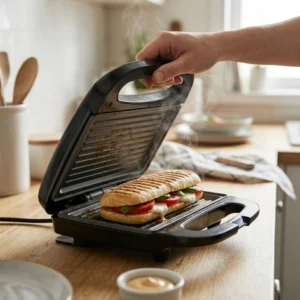 Detalle de sándwich caliente con vapor y marcas de grill crujientes recién hecho en la prensadora de panini profesional.